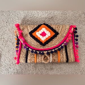 Colorful Woven Clutch with Pom Poms